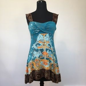 Cinnamon Girl Blue Boho Print Tunic Tank, S